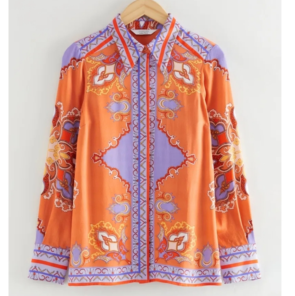 Rachel Zoe Button Down Collared Blouse Orange & P… - image 4